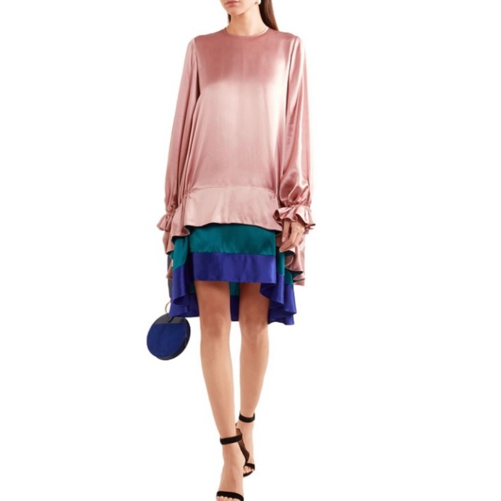 Roksanda Blush Pink Colorblock Tiered Teal Blue Silk Satin Dress Size 10